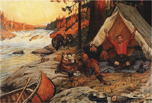 [2 guys, canoe, camping by river]